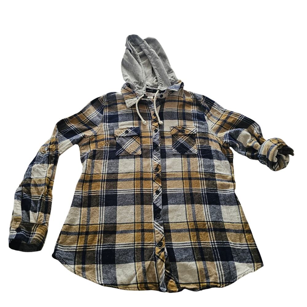 Adam Levine Women's Flannel Hooded Button Up Top, Tan Black White 2 of 5 - Picture 2 of 12